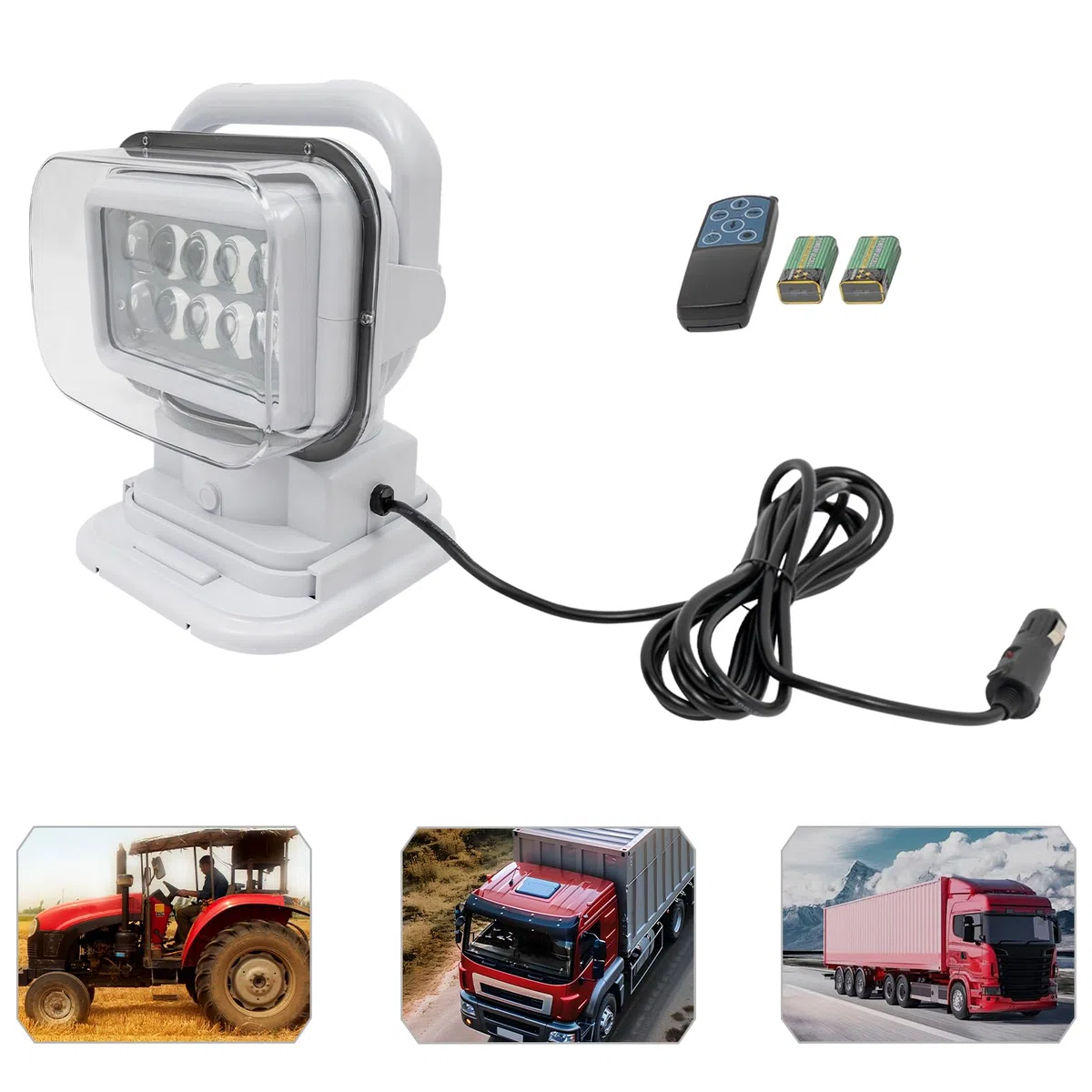 Foco LED de trabajo, luz de trabajo, mando a distancia, giratorio, 50 W, para camping, exteriores, barcos, coches, iluminación de 600 m, color blanco