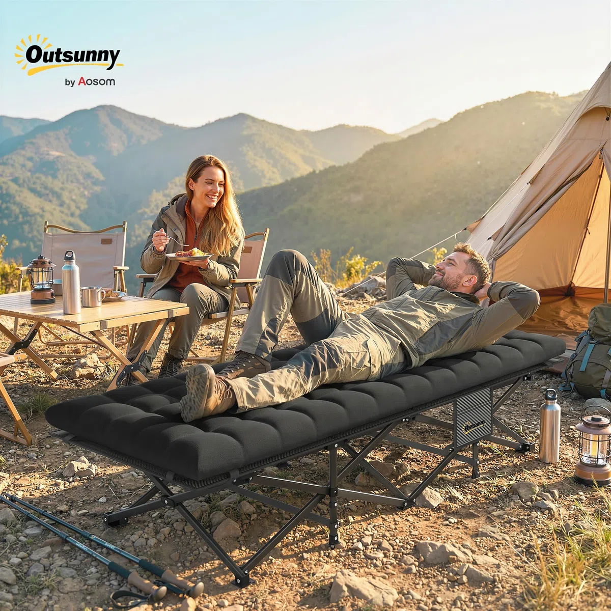Outsunny Cama Plegable Camping con Colchón Extraíble Cama de Acampada Portátil Extra Ancha 80 cm Tela Oxford 600D con Reposacabezas Bolsa Transporte Bolsillo Carga 200 kg para Playa Senderismo Negro
