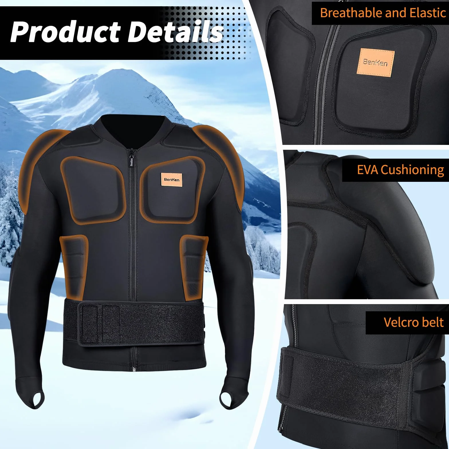 BenKen Body de esquí de manga larga con forro, pecho, hombros y espalda, chaqueta ajustable, para mujeres y hombres, parte superior acolchada