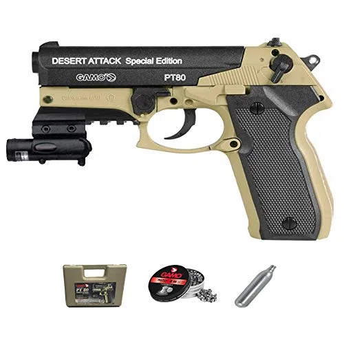 Gamo PT-80 Dessert Atack LÁSER versión | Pistola de Aire comprimido (CO2) y balines (perdigones 4.5mm) + Accesorios. <3,5J
