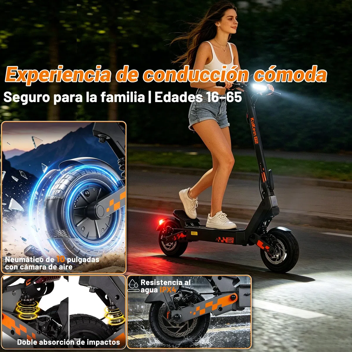 G2 Patinete Eléctrico Adultos Homologado DGT - 55-65km Autonomía Batería 48V 15.6Ah, Doble Freno, Ruedas 10" Tubeless,Sistema de Doble suspensión Patinete electrico Unisex,IPX4,Carga 120KG