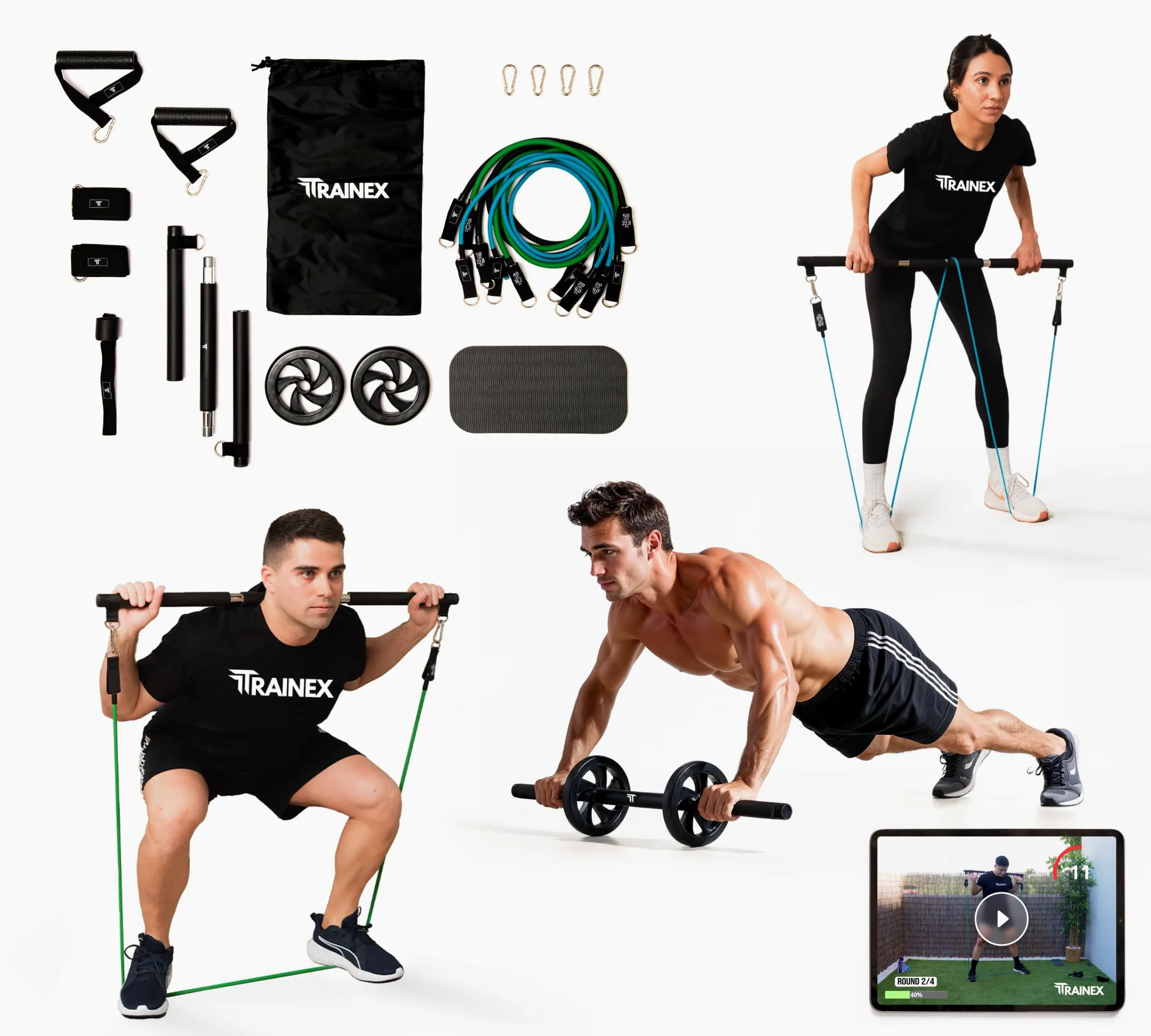 Bandas Elásticas de Musculación con Barra | Gomas de Resistencia hasta 100 kg | Kit de Entrenamiento en Casa Completo | TRAINEX