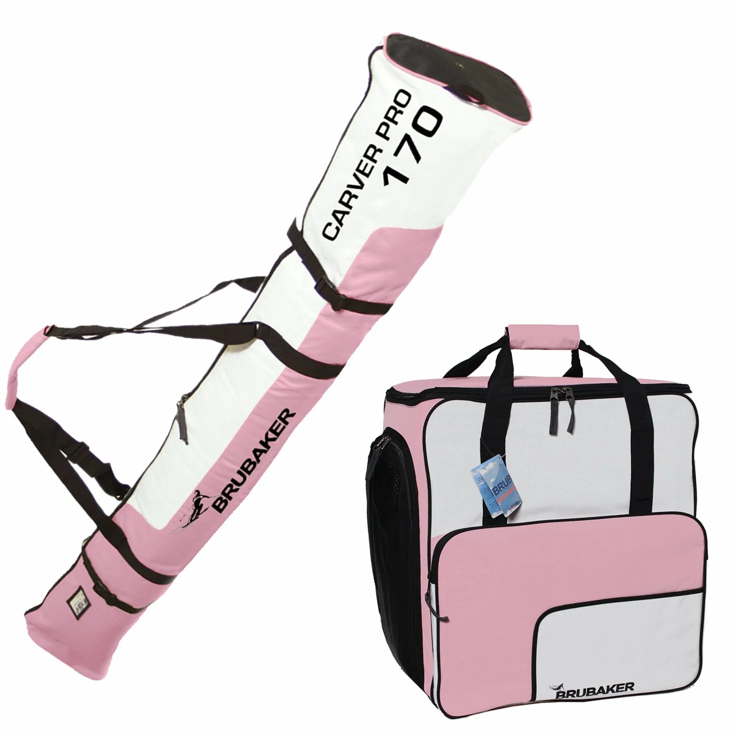 BRUBAKER Conjunto 'Super Function 1.0' Bolsa para Botas y Casco de ski Junto a 'Carver Pro 1.0' Bolsa para un par de Ski - Rosa/Blanco - 170 cms.