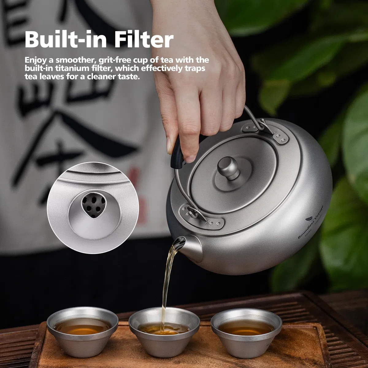iBasingo Tetera de titanio ligera de 600 ml con mango plegable, filtro integrado, compacto, portátil, duradero, para mochileros, senderismo, café y té al aire libre, Ti3105D