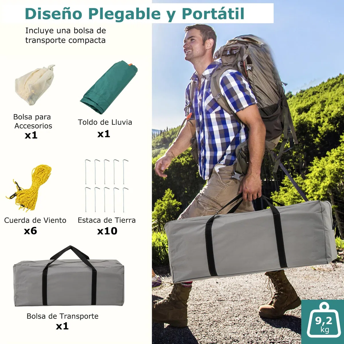 COSTWAY Tienda de Campaña 4-10 Personas, Porche, 2 Habitaciones, 2 Puertas, 2 Ventanas de Malla, Tienda de Campaña Familiar Grande, Capa Doble para Camping, Picnic