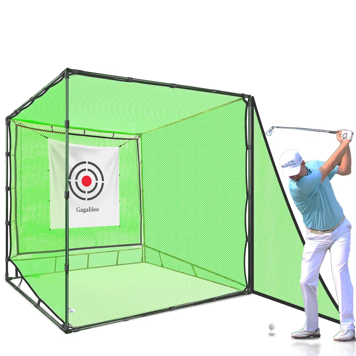 Galileo - Red de golf para entrenamiento de conducción, doble tope trasero con objetivos de ayuda al entrenamiento, red de retorno automático de bolas para jardín, 2,1 x 2,1 x 2,1 x 2,1 m, interior