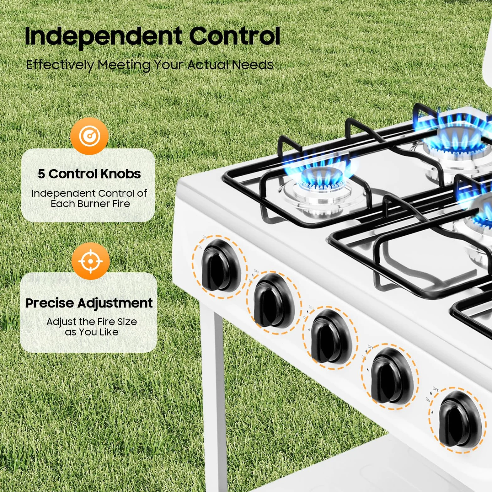 Hornillo de camping de 5 quemadores de 2,5 kW con tapa y 2 estantes, encendido manual, cocina de gas natural independiente para camping, autocaravana, exterior, viajes, pesca
