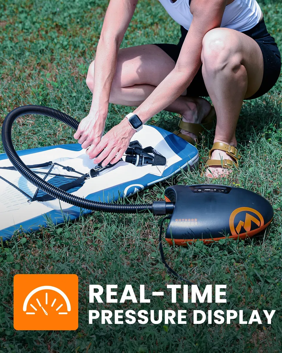OutdoorMaster The Shark Bomba Sup de Alta presión - Bomba de Aire eléctrica con Sistema de enfriamiento Activo de 20 PSI Inflación Inteligente de Dos etapas y Apagado automático para Tablas de Remo