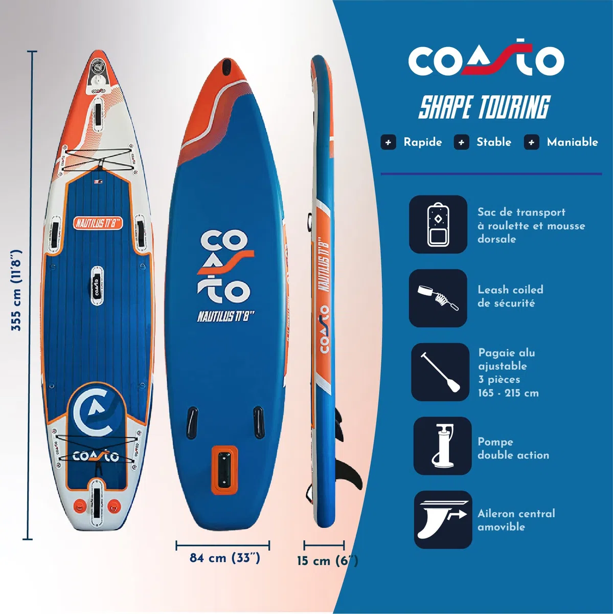 Coasto Nautilus Tabla Sup, Adultos Unisex, Teal/Naranja, 11'8"