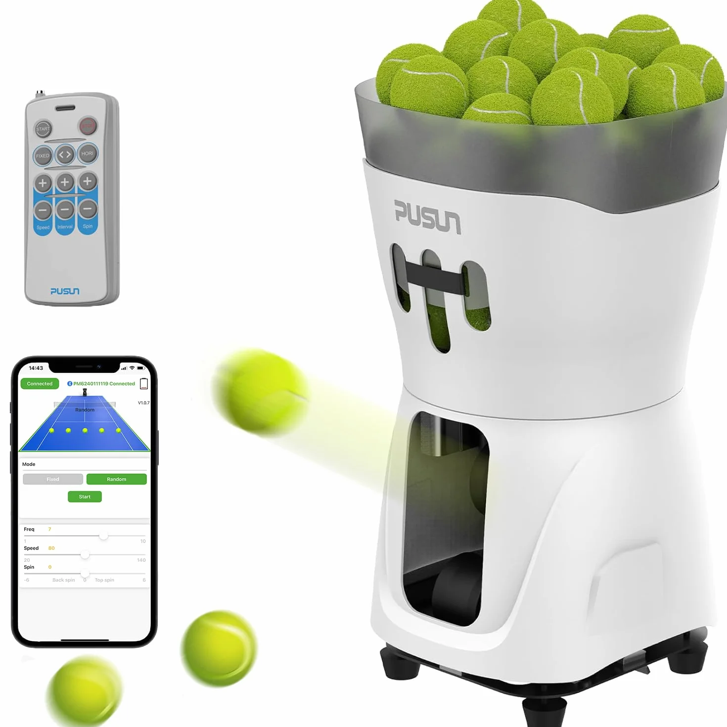 PUSUN PT-Mini Pro - Máquina de pelotas de tenis con control remoto Smart App Control, velocidad/rotación ajustable/frecuencia para principiantes, capacidad de 65+pelotas, duración de la batería 3-5