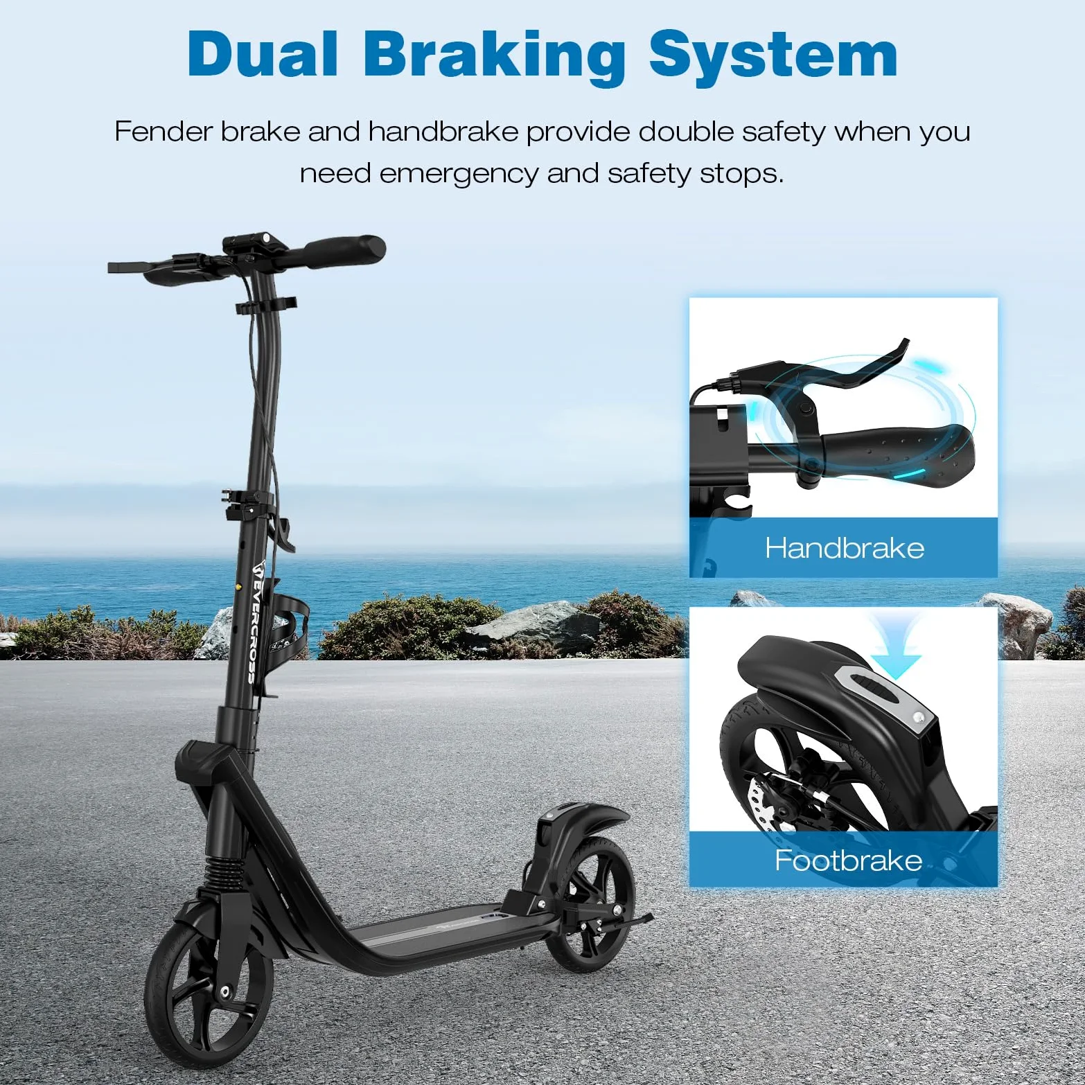 EVERCROSS K8 Stunt Scooter, Grandes Ruedas 200 mm, City Patinete Ajustable en Altura y Plegable, Deportivos Scooter de Aluminio Estable para Niños, hasta 100 kg, Doble Freno, Doble Amortiguación