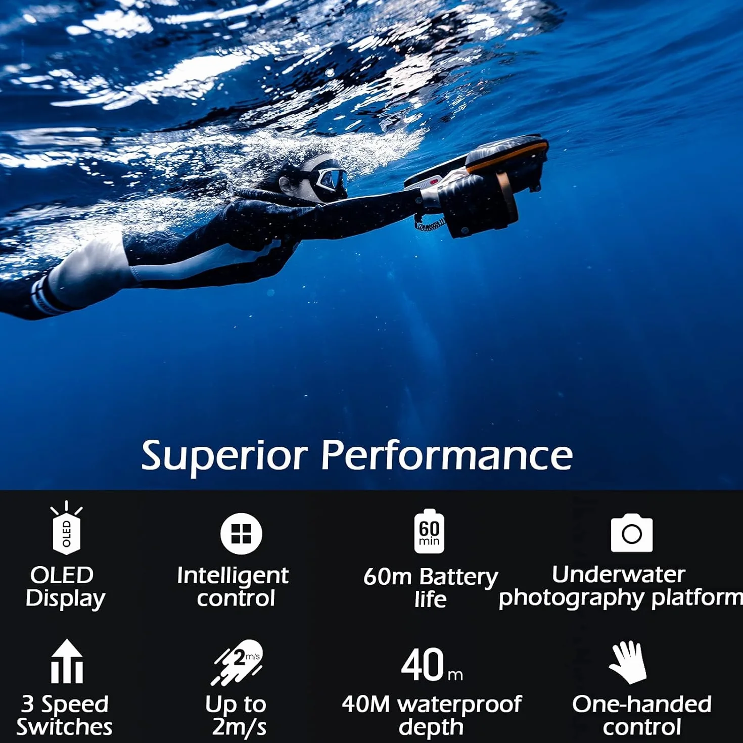 Sublue NAVBOW+ - Scooter bajo el agua - Phantom Grey - para Snorkel o Buceo Botella - Hasta 7,2 km/h - Profundidad Max 40 m - Autonomía 60 min