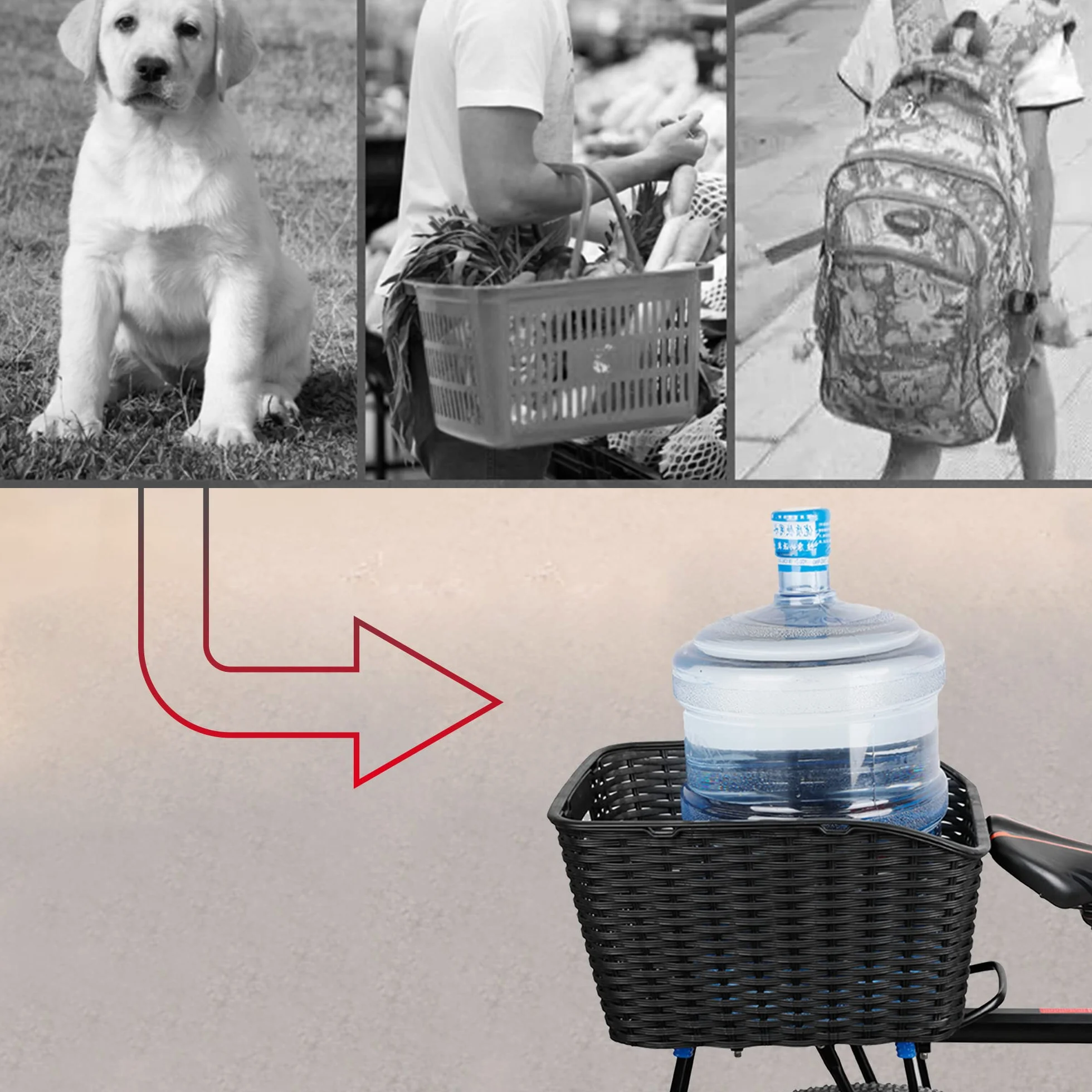 Cesta Trasera Bici 27L Tejido Malla de Plástico Resistente a la Intemperie no se Oxida, Incluye Material de Fijación y Bridas para Cables, Red Portaequipajes, Cubierta Impermeable