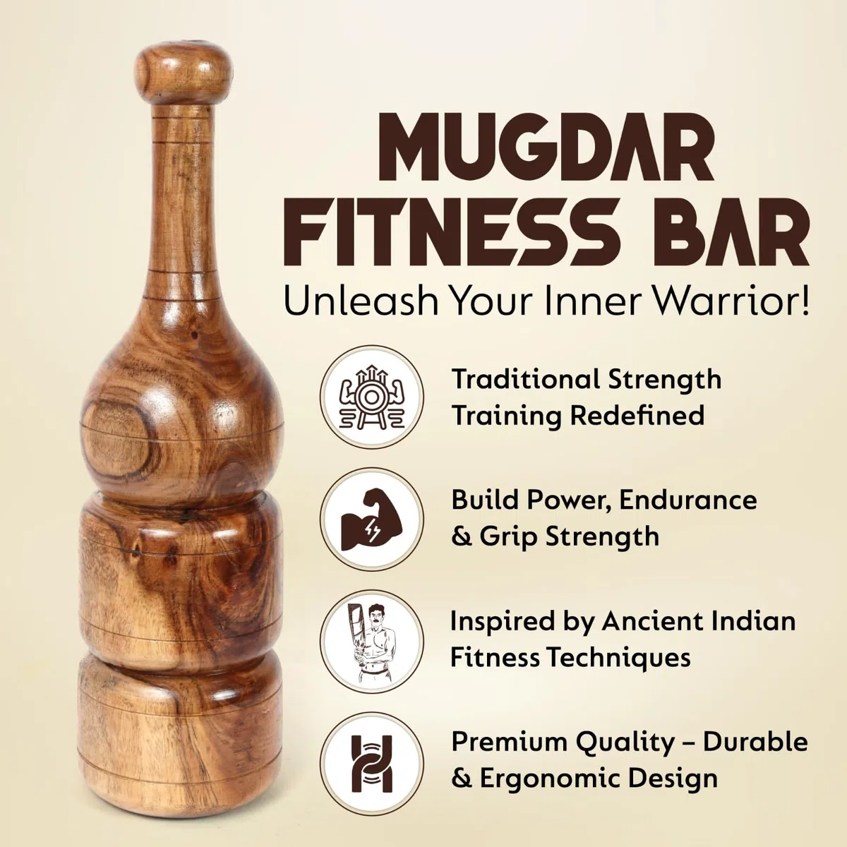 KD Willmax MUGDAR Barra de Fitness Indian Club MUDGAR BHEEM MACE Equipo para Hombro MEEL Karla KATAI MUGDAL Equipo de Fitness de Madera Durazno - 7 a 8 kg