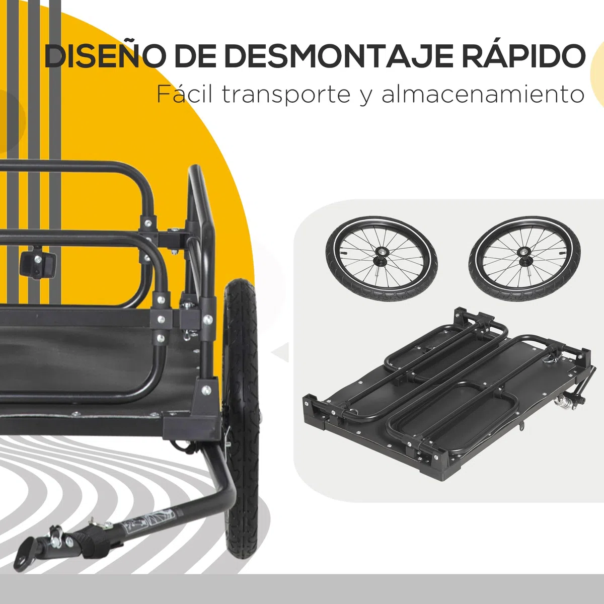 HOMCOM Remolque de Carga para Bicicleta Carro para Bicicleta Desmontable con 2 Ruedas Reflectores y Bandera Marco con Amortiguador Capacidad de 70L Carga 40 kg 125x64x53,5 cm Negro
