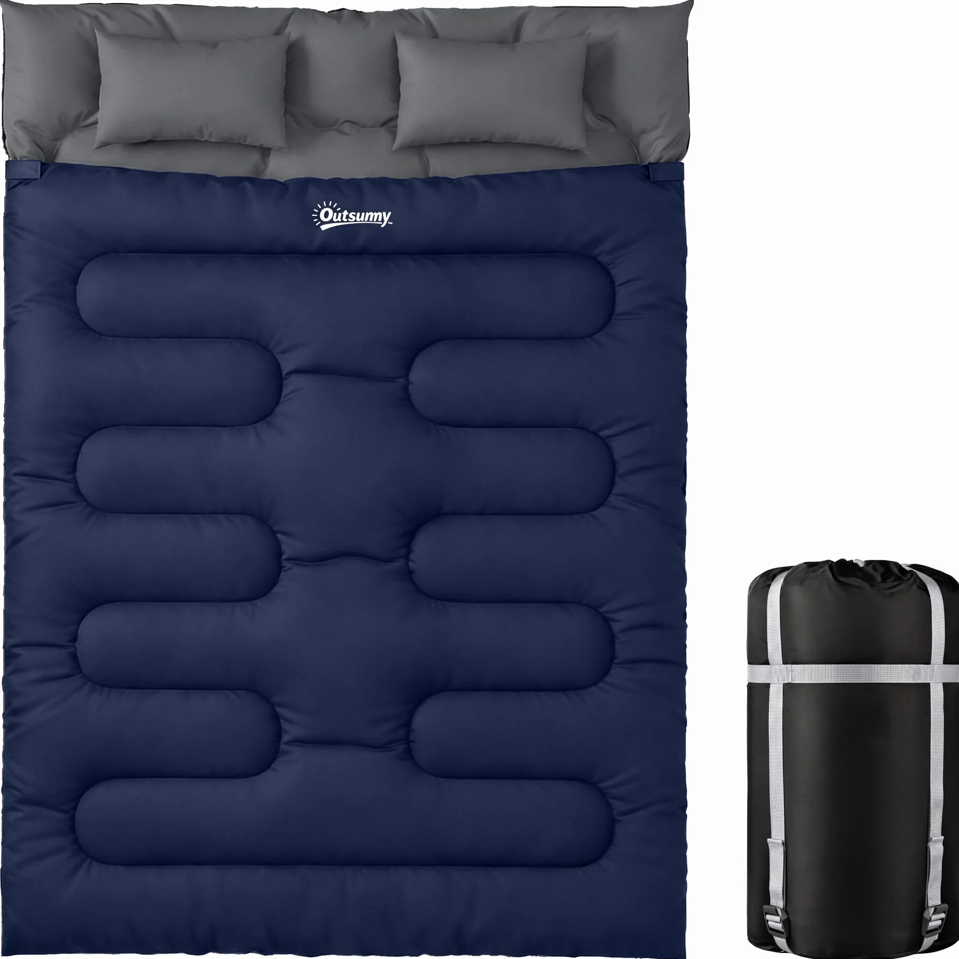 Outsunny Saco de Dormir Doble Adulto, Ligero, Tamaño Queen para 2 Personas 3 Estaciones, Saco de Dormir Rectangular con 2 Almohadas y Bolsa Transporte, para Días Fríos, Acampar, Senderismo Azul Oscuro