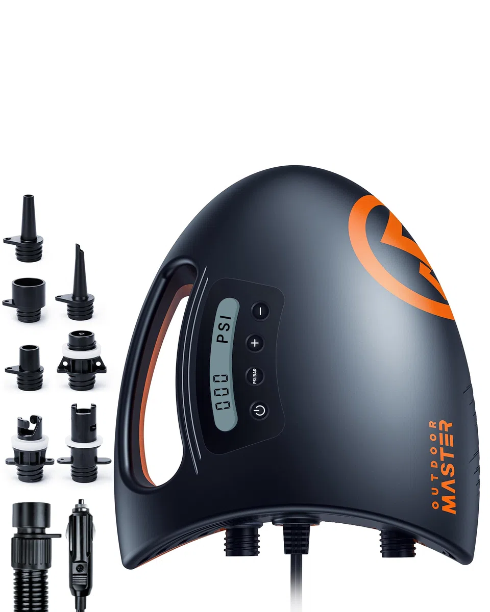 OutdoorMaster The Shark Bomba Sup de Alta presión - Bomba de Aire eléctrica con Sistema de enfriamiento Activo de 20 PSI Inflación Inteligente de Dos etapas y Apagado automático para Tablas de Remo