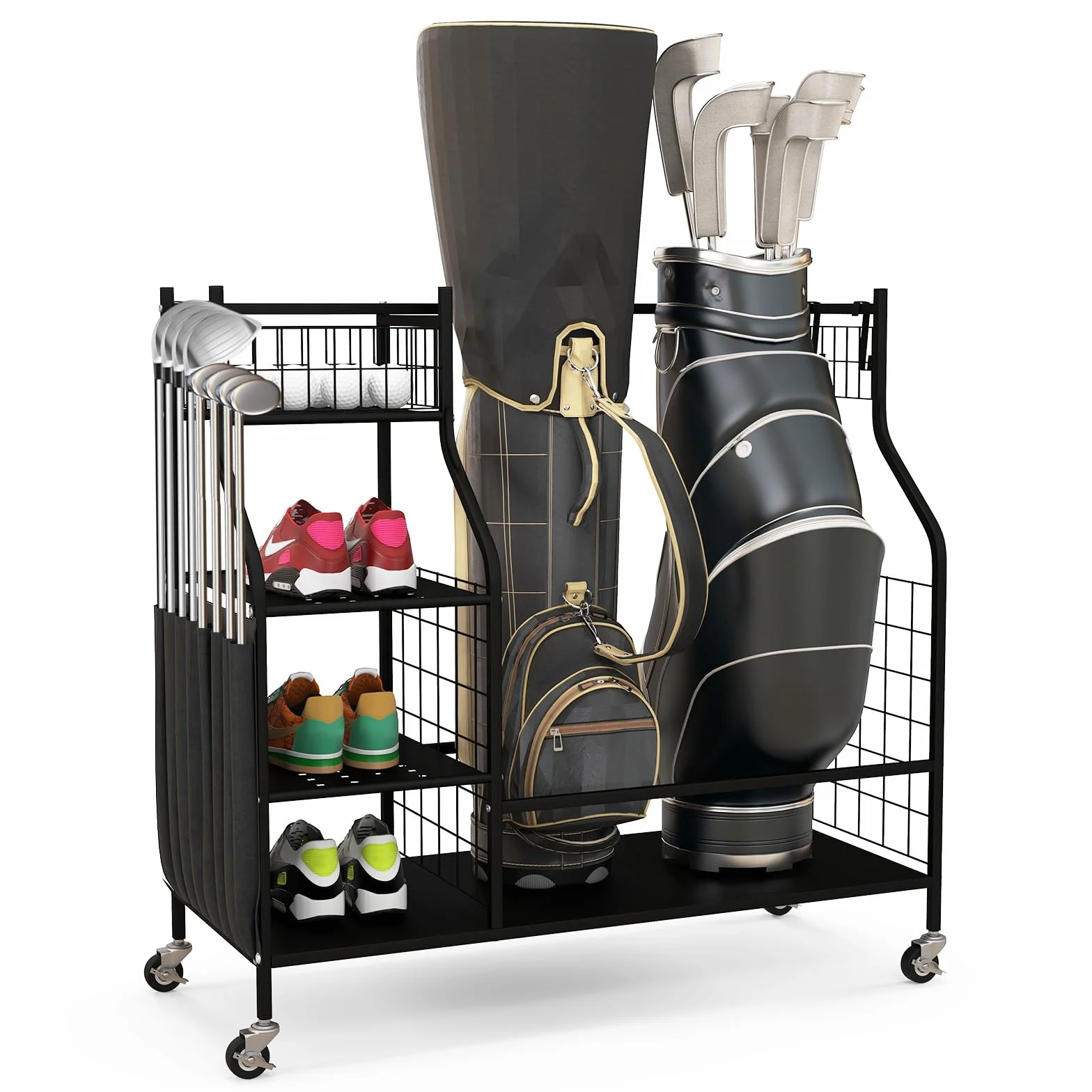 GOPLUS Organizador de almacenamiento para club de golf, estante de almacenamiento con ruedas bloqueables para 2 bolsas de golf y 8 palos de golf, 1 cesta, 3 estantes y 4 ganchos