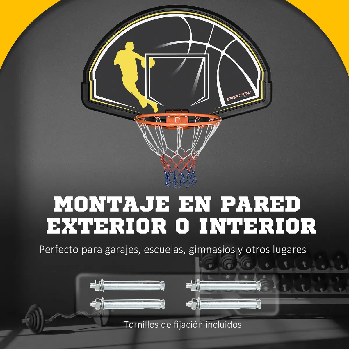 SPORTNOW Canasta de Baloncesto de Pared para Interior y Exterior - Tablero y Aro 110x90x70 cm Negro y Amarillo