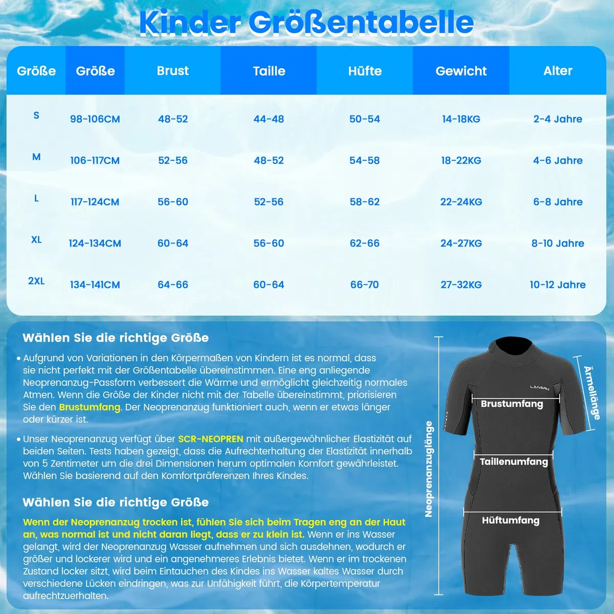 Traje de neopreno para niños: traje de neopreno corto de 2,5 mm, neopreno SCR mejorado, material más seguro, protección UV, cremallera frontal para clases de natación, mantiene el calor en agua