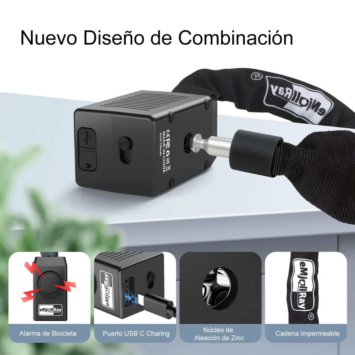 Candado de bicicleta con alarma de 120 cm, 110 dB, sistema de alarma para bicicleta eléctrica, motocicleta, candado con 2 mandos a distancia, 3 llaves, cable USB C, funda de silicona, funda