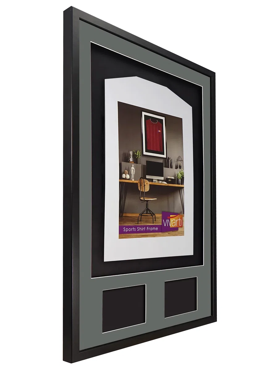 Vivarti DIY Junior 3D Montado + Marco de exhibición de camisa deportiva de doble apertura para camisa de fútbol, tamaño, 59,4 x 84 cm, marco negro, soporte plateado, tarjeta trasera negra