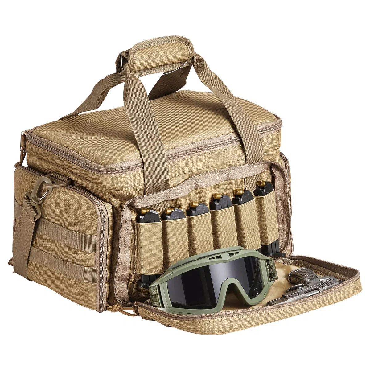VEVOR Estuche Blando para 4 Pistolas Bolsa para Pistola con 3 Deflectores Desmontables y 6 Cargadores Bolsa de Arma con Una Sola Tira para el Hombro para Campo de Tiro de Caza al Aire Libre, Marrón