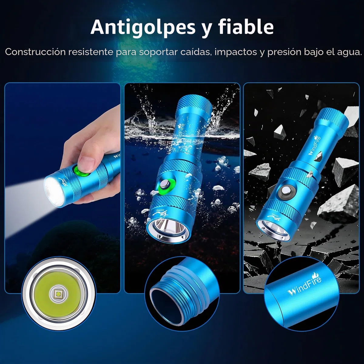 WINDFIRE Linternas de buceo, IPX8 impermeable profesional recargable luz de buceo, linterna submarinismo