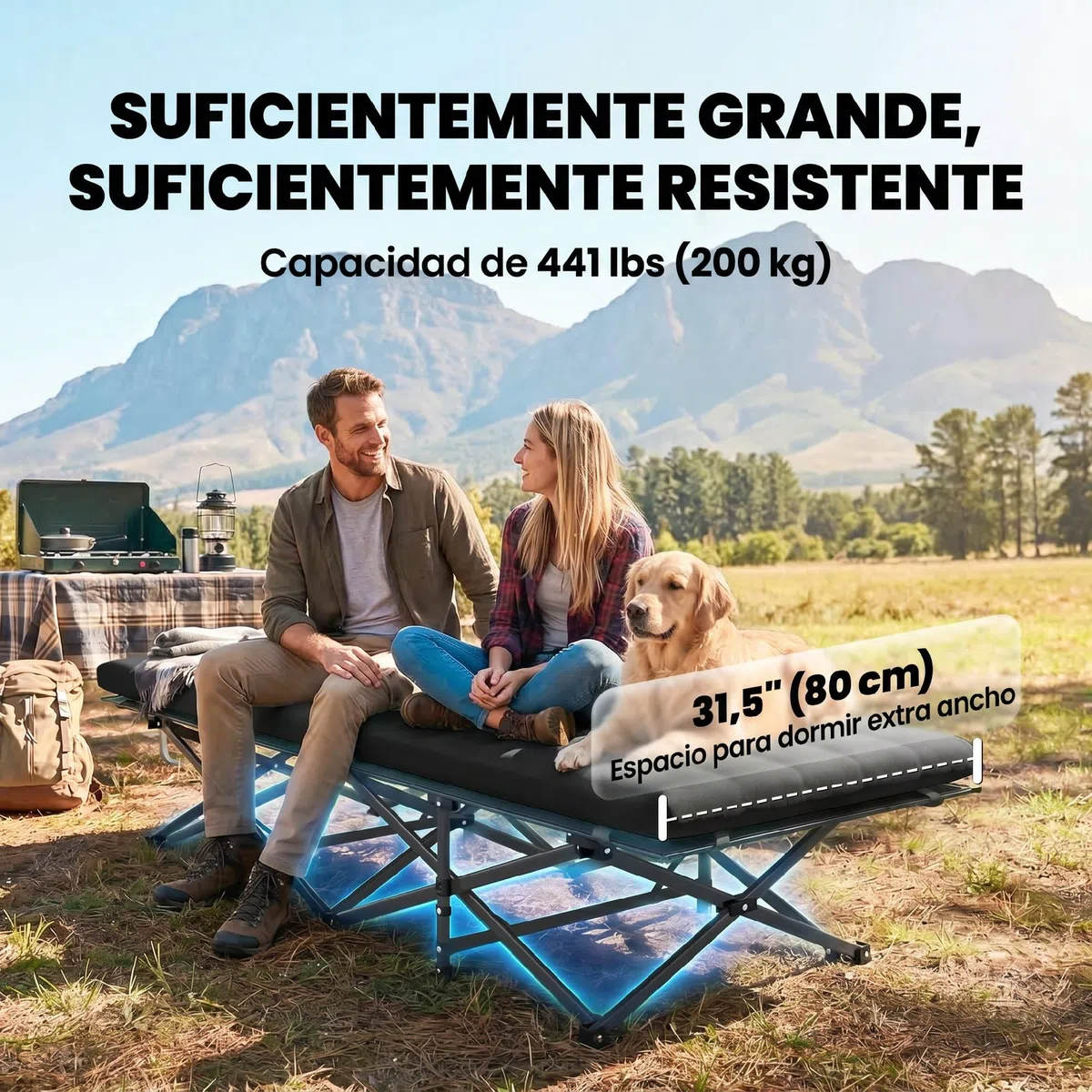 Outsunny Cama Plegable Camping con Colchón Extraíble Cama de Acampada Portátil Extra Ancha 80 cm Tela Oxford 600D con Reposacabezas Bolsa Transporte Bolsillo Carga 200 kg para Playa Senderismo Negro