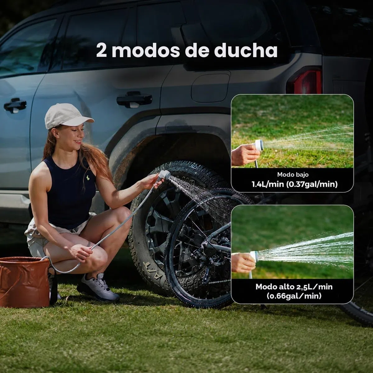 FLEXTAILGEAR Tiny Shower - Ducha portátil de camping con bomba, manguera de 2,2 m, carga USB-C y dos modos de flujo de ahorro de agua, para jardín, viajes, playa y mascotas