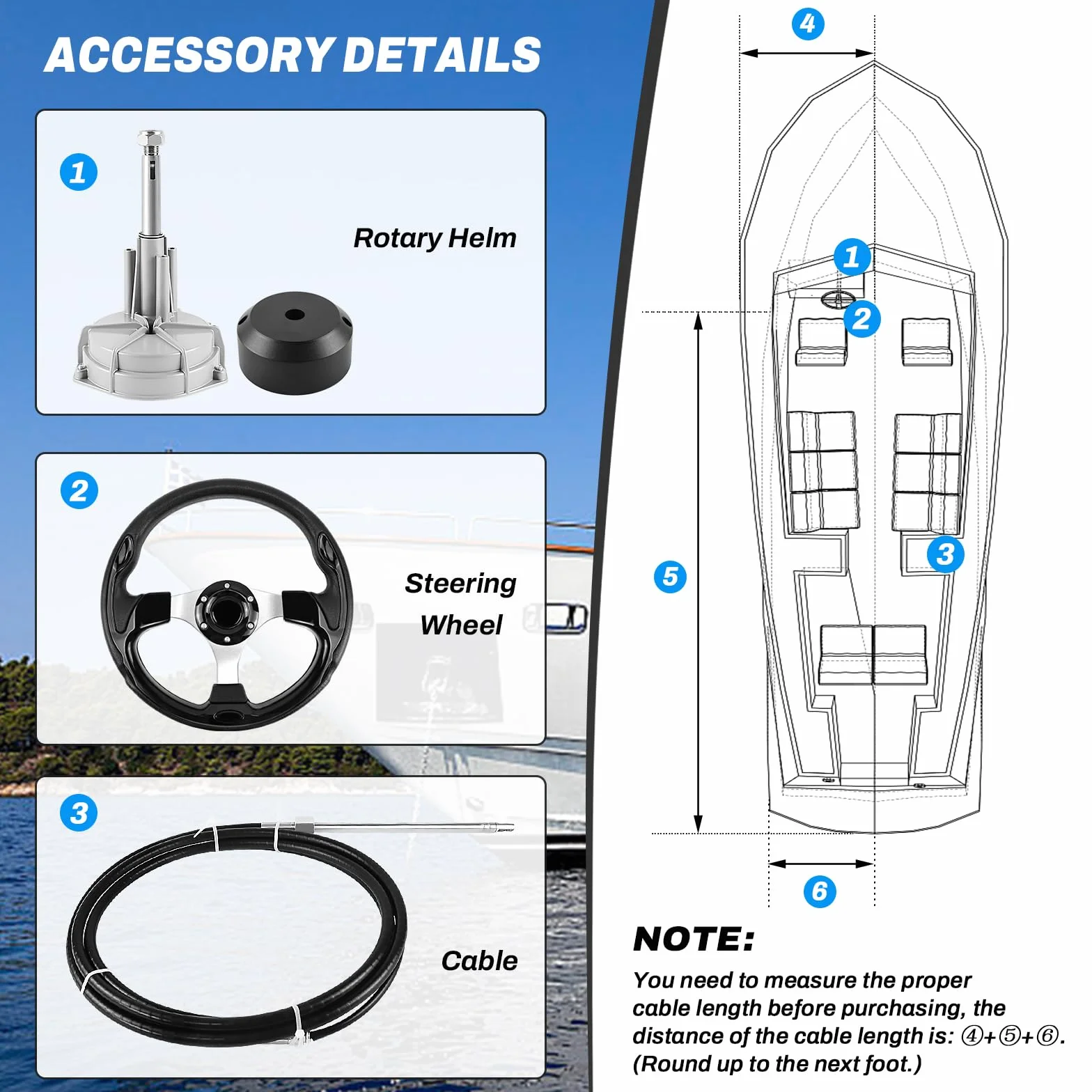 Sistema de dirección de barco, kit de dirección mecánica rotatoria, cable de control de cable de 304,8 cm, fueraborda, sistemas de dirección marina para barcos de pesca, yates y otras