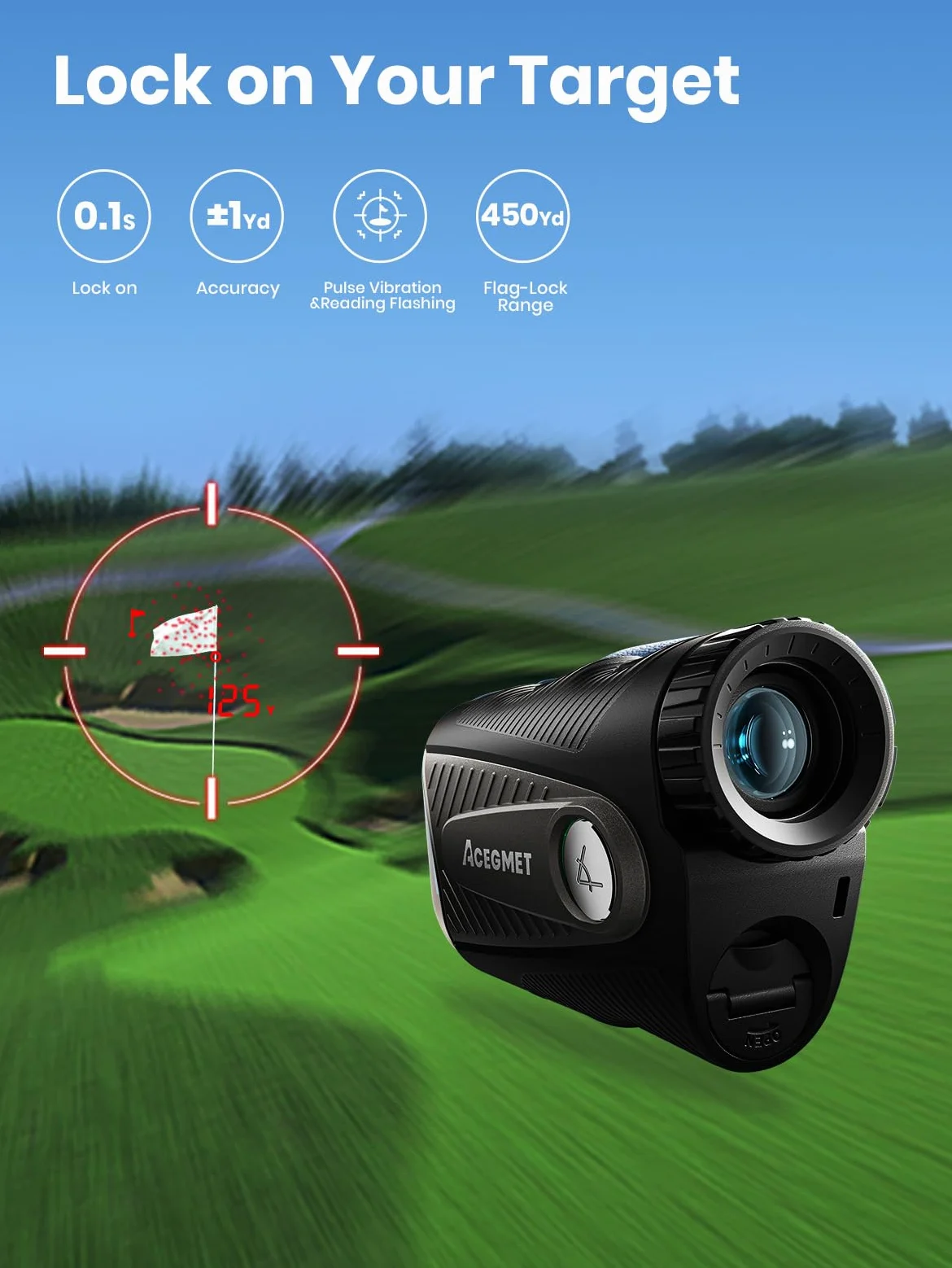 ACEGMET Telémetro de Golf con Distancia Bola-Bandera y Función de Inclinación - 1300 yd, Bloqueo de Bandera 0.1s con Vibración, Aumento 7X, Batería Híbrida Recargable, Pantalla Rojo/Negro, Imán