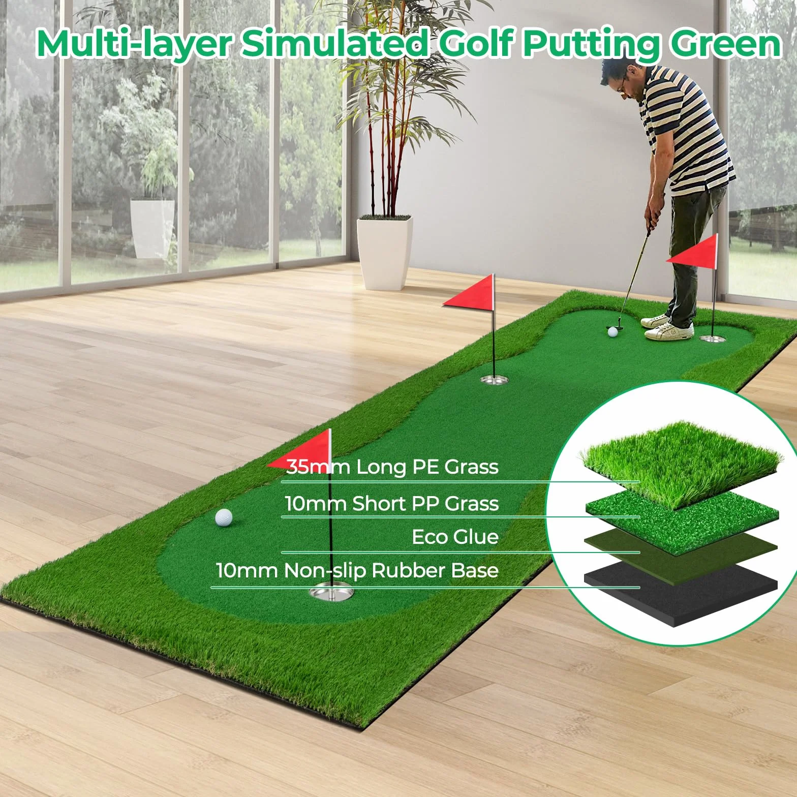 LIFEZEAL Alfombrilla de Entrenamiento de Golf, 3x1m, Esterilla Golf Profesional con 2 Pelotas de Golf, Alfombra de práctica con 3 Agujeros, tapete de Golf Plegable para Interior y Exterior