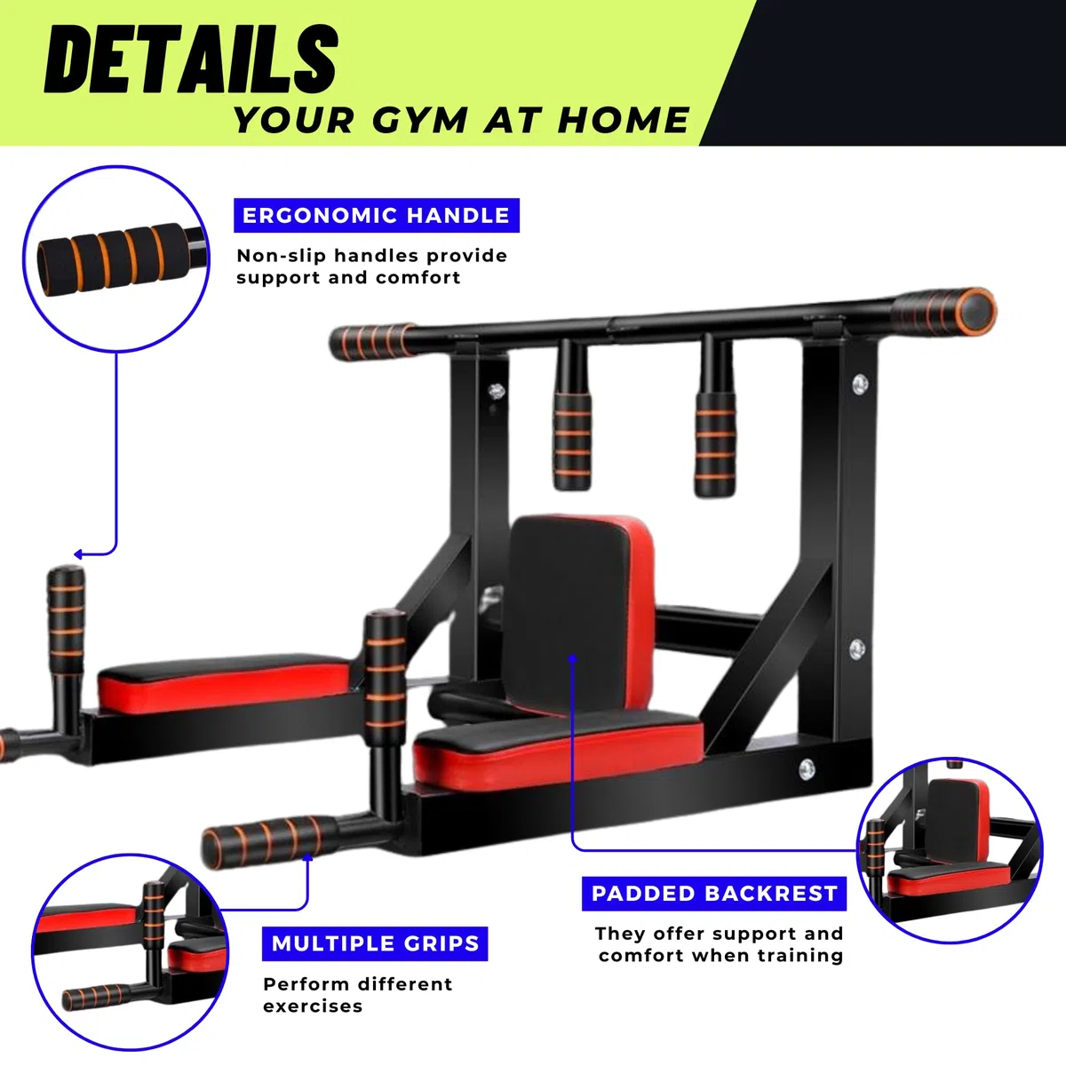 Barra de Dominadas Pared. Estación de Inmersión Multifuncional, Soporte con Múltiples Agarres Equipo Entrenamiento de Gimnasio en el Hogar, Soporta hasta 200 kg.