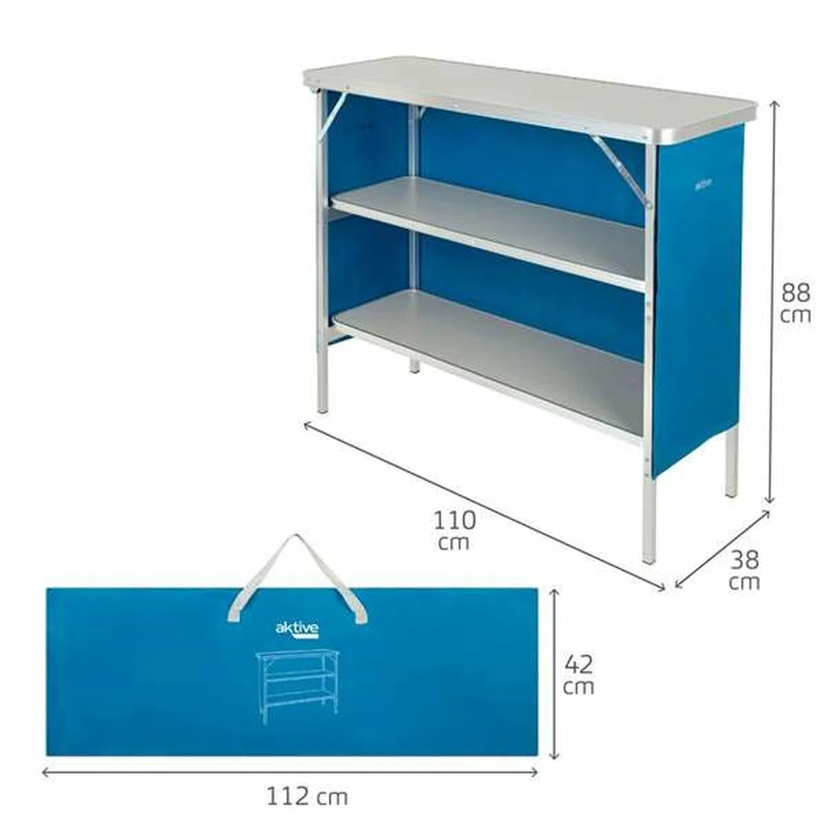 AKTIVE 63090 Armario de Tela para Camping, Estructura Plegable y Desmontable, con Bolsa de Transporte, Medidas 110x38x88 cm, Mueble Auxiliar Cocina Exterior, Armarios, Almacenaje Aire Libre