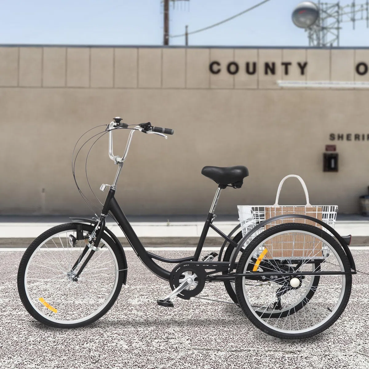 Triciclo adulto 24 pulgadas 3 ruedas 6 velocidad bicicleta triciclo cruiser con cesta y luces para montar a caballo, picnic, ir de compras o hacer otras actividades al aire libre, negro,