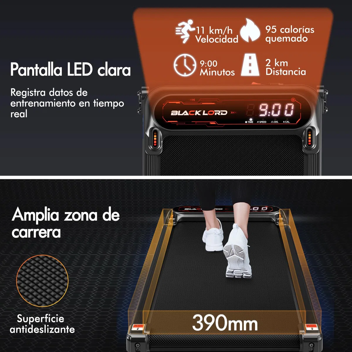 BLACK LORD Cinta de Correr X7, Walking Pad bajo Escritorio, Motor silencioso 3,0CV, 130kg Capacidad, Seguimiento Bluetooth, 3 Niveles inclinación, Correa Antideslizante