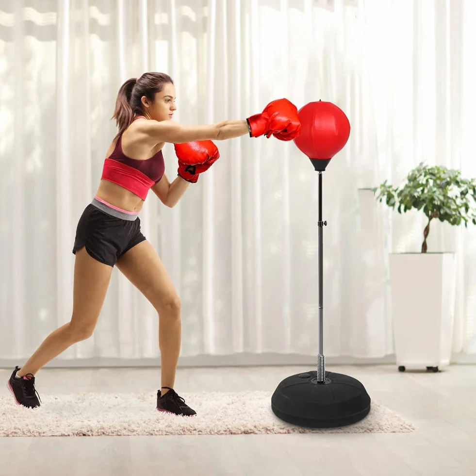 Set de Boxeo de pie para Adultos, con Guantes, Punching, Altura Ajustable 120-150 cm, Color Rojo, Adecuado para el Uso Profesional en el Gimnasio y en casa