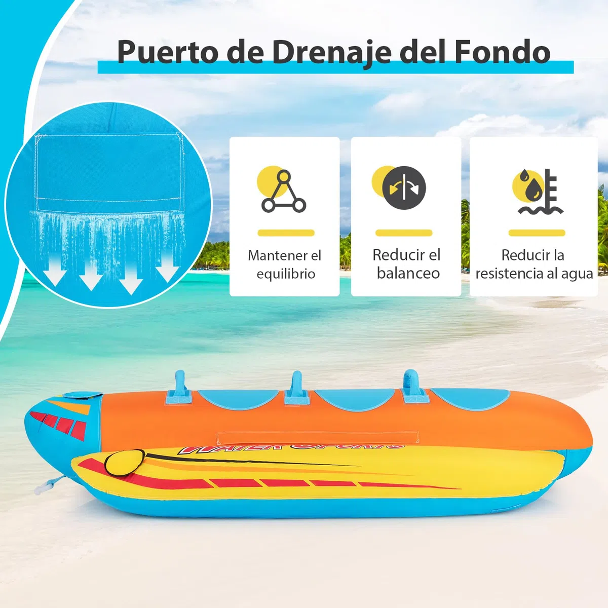 COSTWAY Tubo Remolcable para 1-3 Pasajeros, Bote Banana Inflable para Paseos y Deportes Acuáticos, Recreación con 3 Asientos y Manijas Acolchados de EVA, Kit de Reparación Incluido