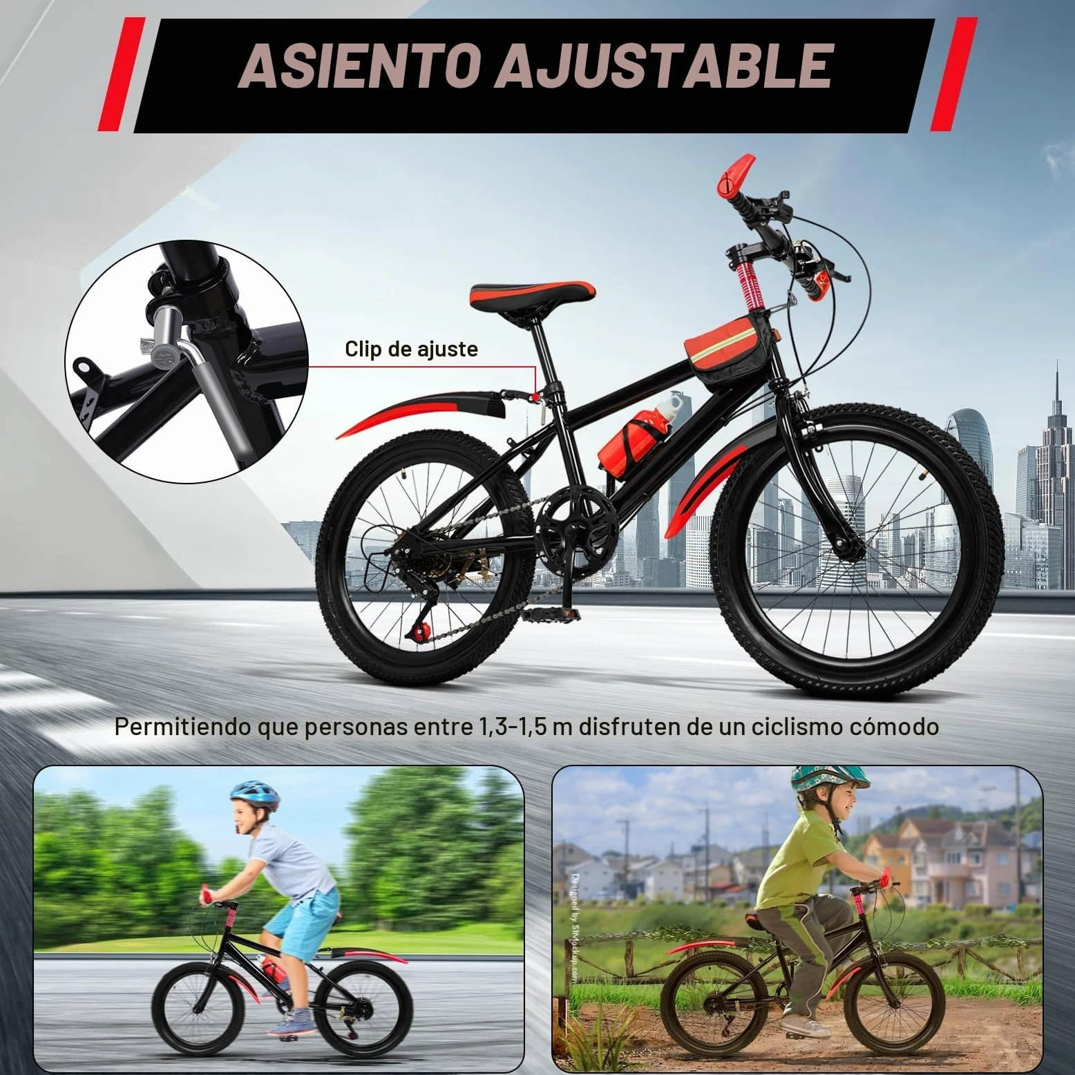 Bicicleta infantil de 20 pulgadas, Bicicleta de montaña de 7 velocidades, color rojo con guardabarros, bicicleta juvenil mejorada, rueda de acero al carbono, bicicleta de montaña de 8 a 13