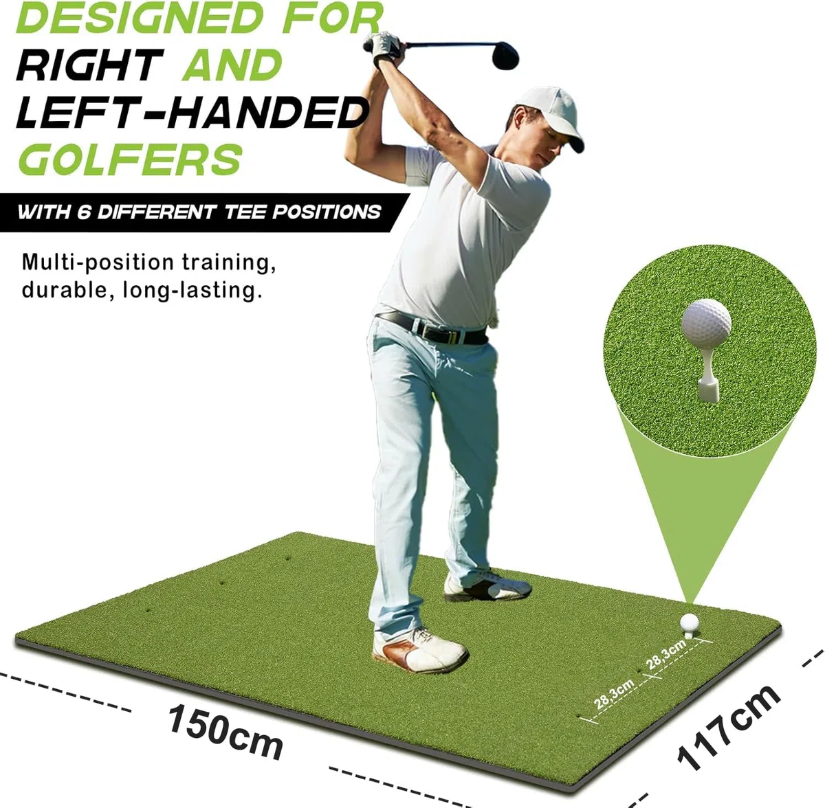 Alfombra de golf 150 x 117 cm, 6 posiciones de tee, césped artificial, verde, plegable, ideal para interior y exterior