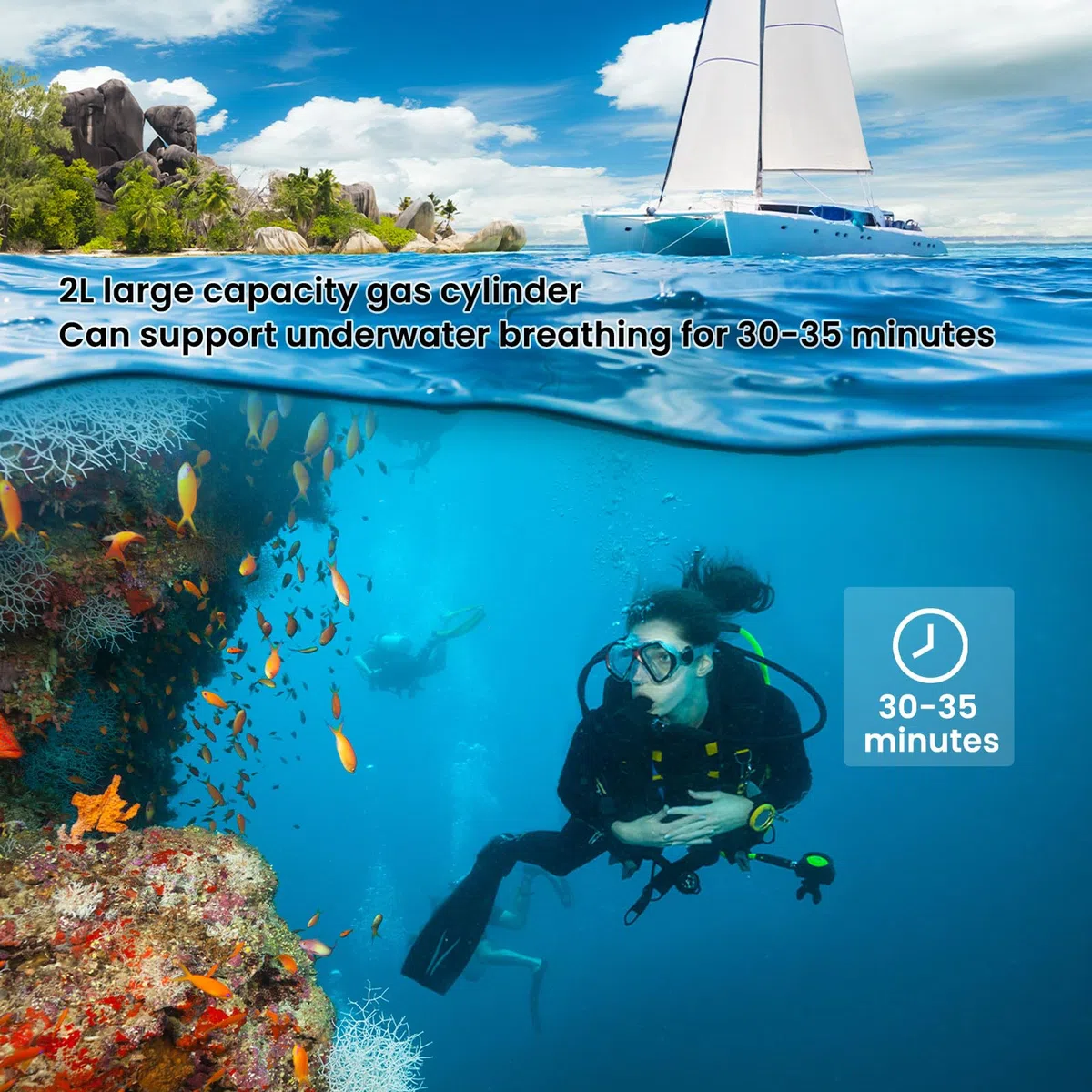 TUDIVING Mini botella de buceo de 2 l, botella de oxígeno pequeña para buceo, mini botella de buceo con 30 a 45 minutos de buceo tanque de oxígeno Submarinismo (bucear) Equipo de buceo portátil S700