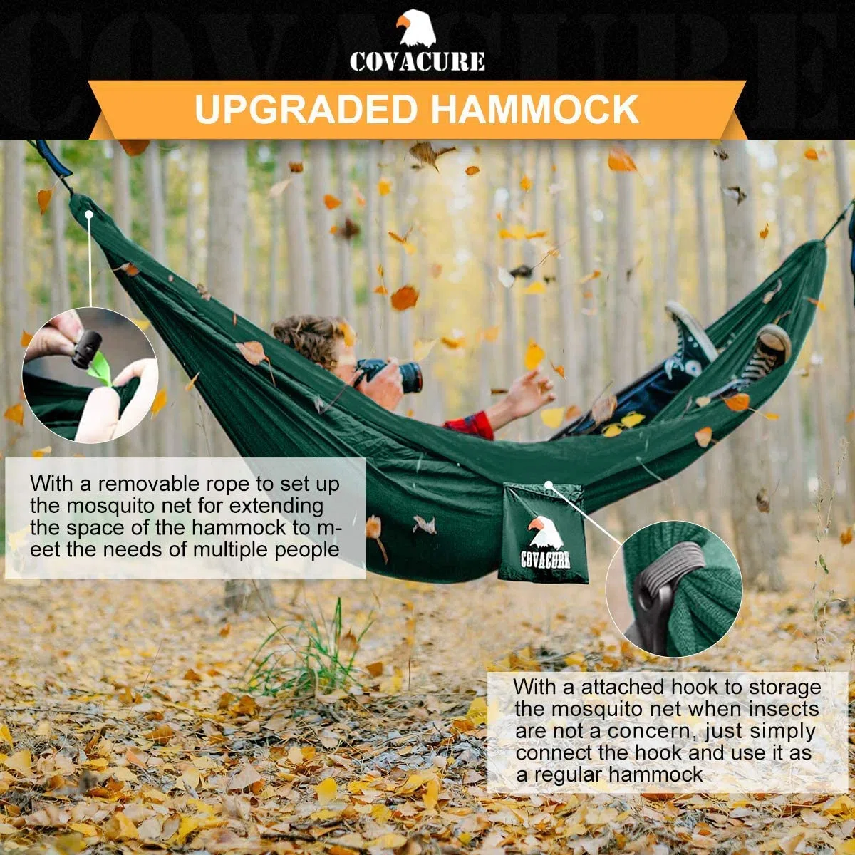 COVACURE Camping Hamaca con Mosquitero, 2 Arboles Correas/Mosquetones/Cuerdas/Doble Portátiles al Aire Libre Ligero Hamaca de Nylon para Camping Excursiones de Senderismo Viajes y Jardín