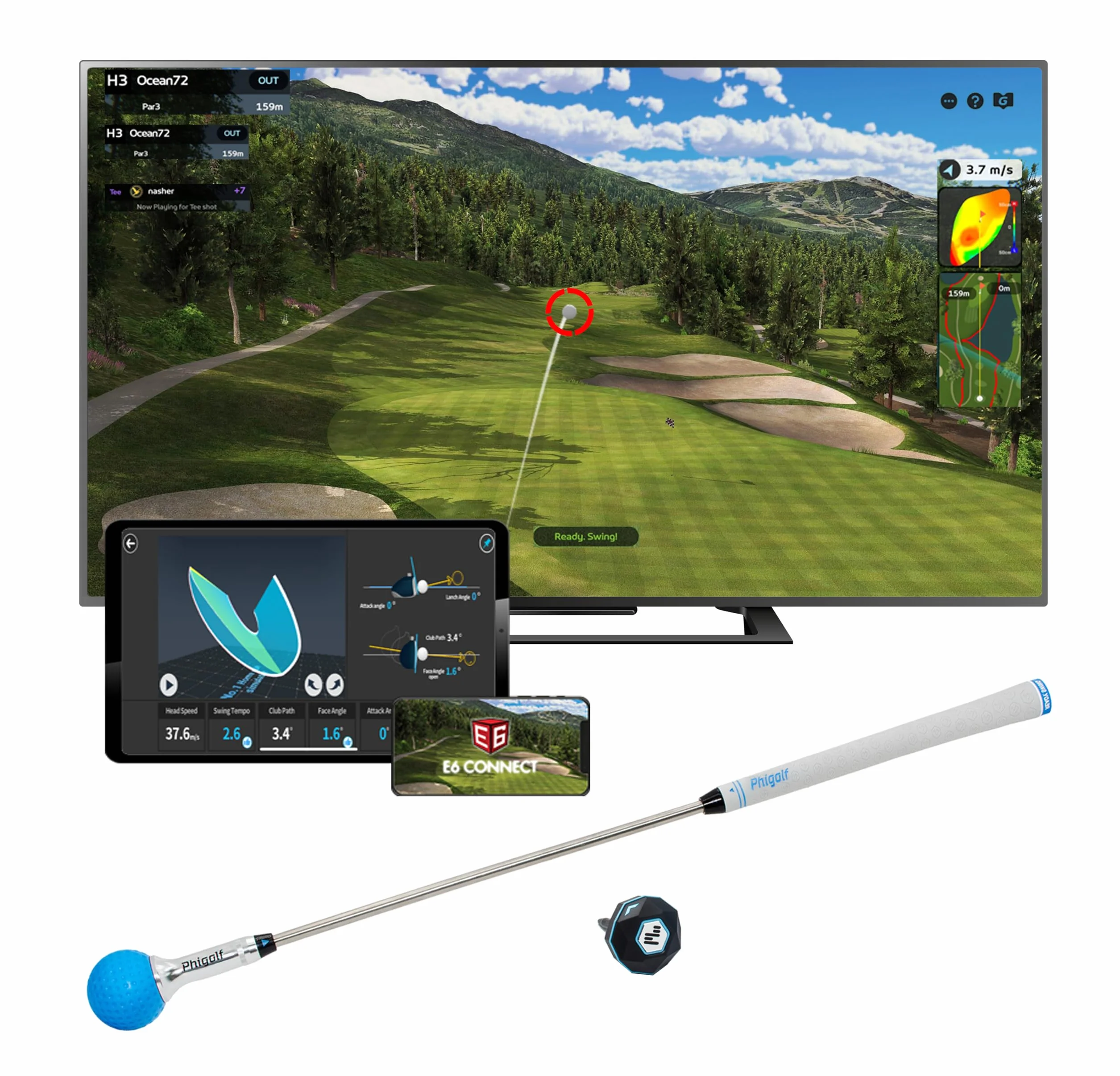 PHIGOLF Simulador de juego de golf en casa: disfruta del golf interactivo con sensor de movimiento y palo oscilante para diversión en interiores y exteriores, más de 38.000 campos en todo el mundo