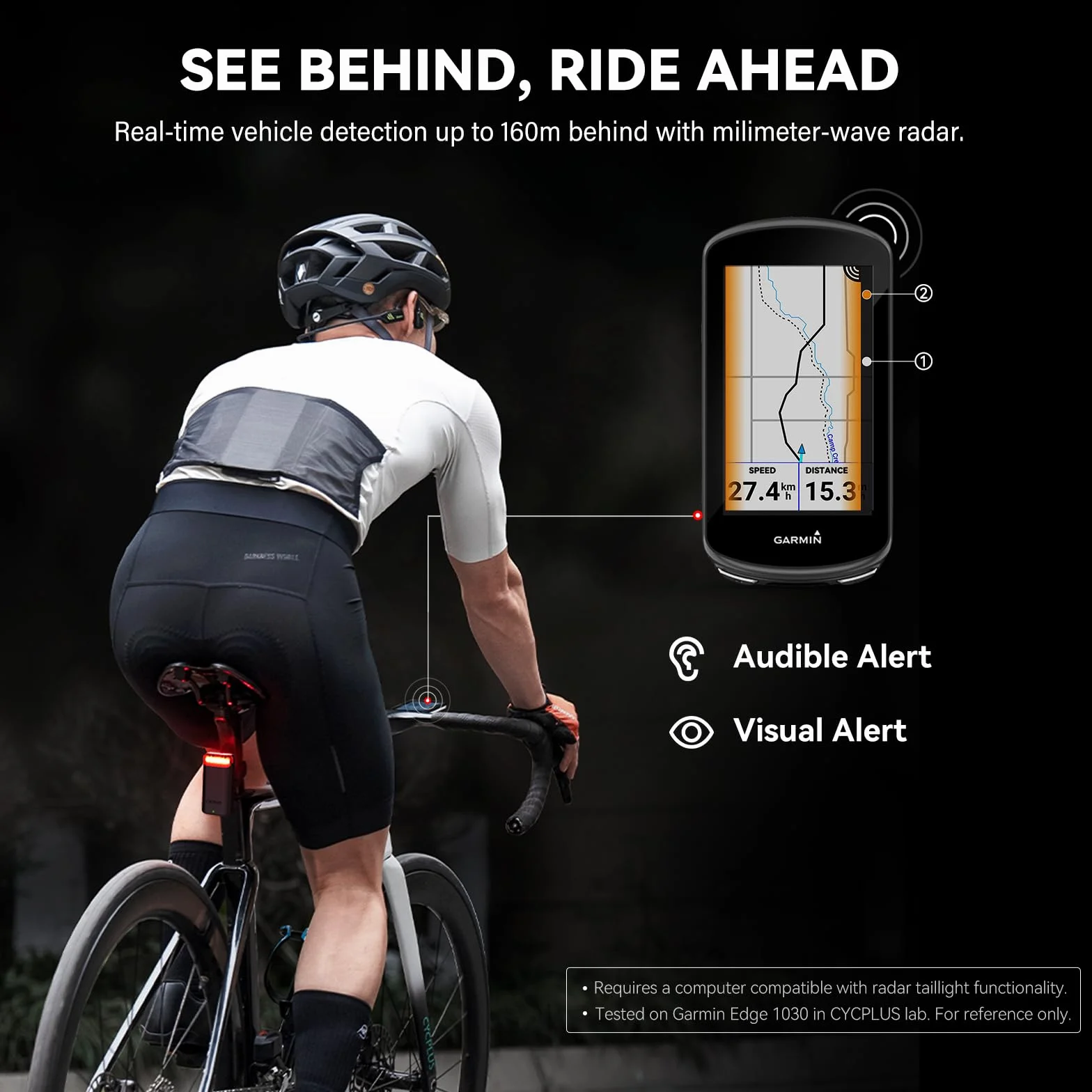 CYCPLUS Bicicleta luz Trasera con Radar, con detección precisa de frenado, alertas visuales para vehículos hasta 160m, batería Recargable de 2000mAh, Encendido/Apagado automático, Impermeable IPX6