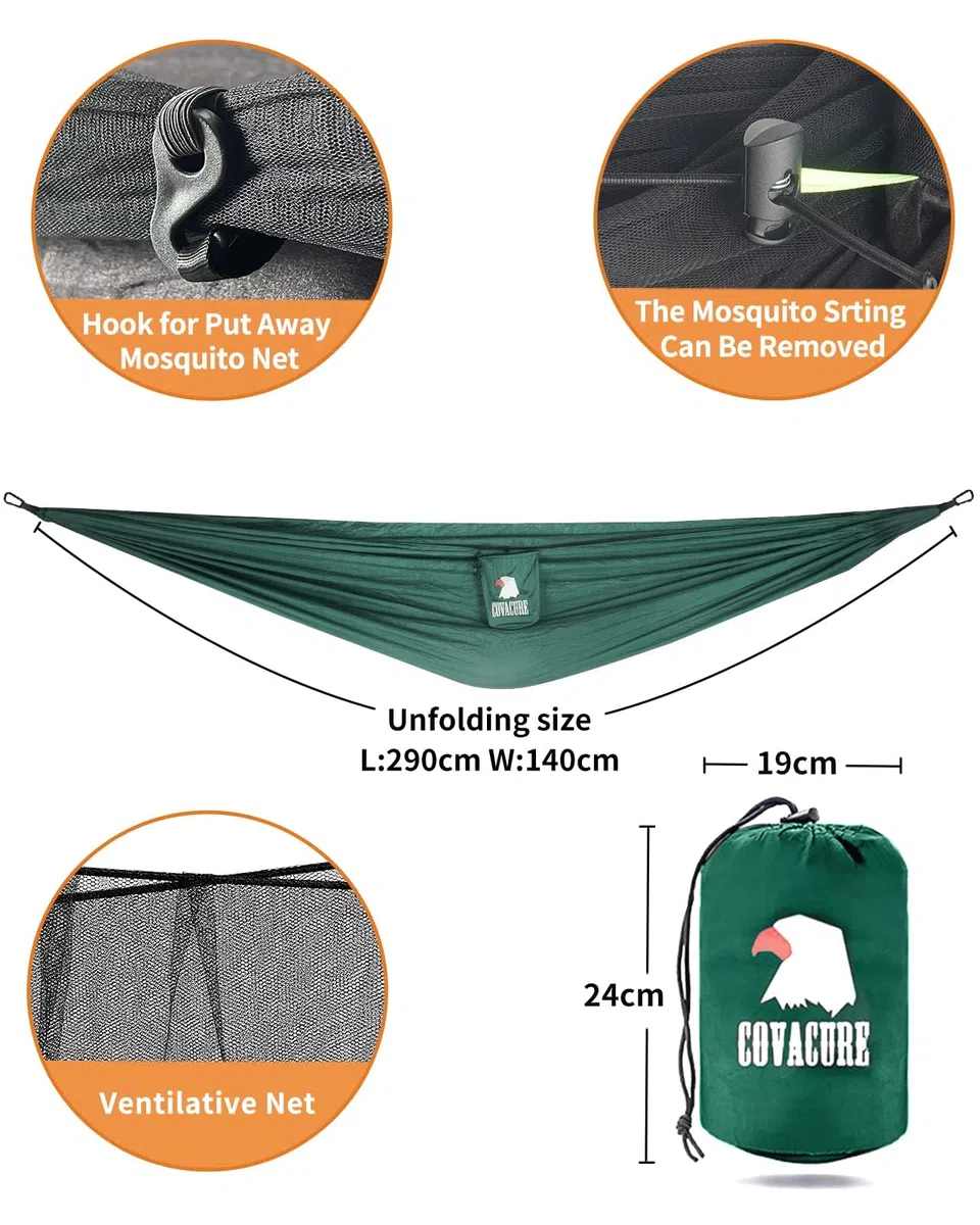 COVACURE Camping Hamaca con Mosquitero, 2 Arboles Correas/Mosquetones/Cuerdas/Doble Portátiles al Aire Libre Ligero Hamaca de Nylon para Camping Excursiones de Senderismo Viajes y Jardín