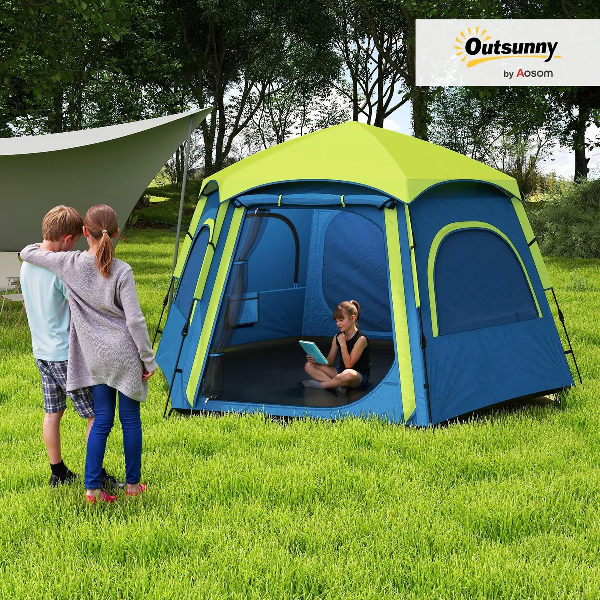 Outsunny Tienda de Campaña para 2-4 Personas Tienda de Camping Plegable con Fácil Instalación Ventanas de Malla Gancho y Bolsa Transporte Protección UV Impermeable 3000+ para Senderismo