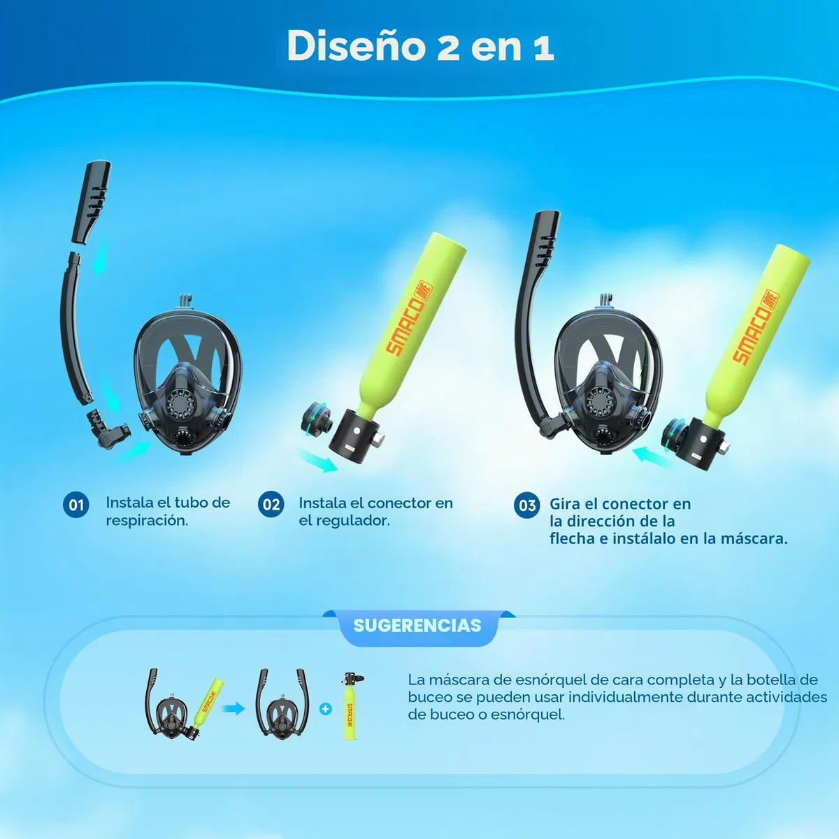 SMACO Mini Botella de Buceo con Máscara de Buceo Bombona de Buceo Pequeñas 0,5 litros Bombona Aire Comprimido Portatil Tanque de Buceo Recargable con Bomba Manual para Viajes Nadar Rescate S300
