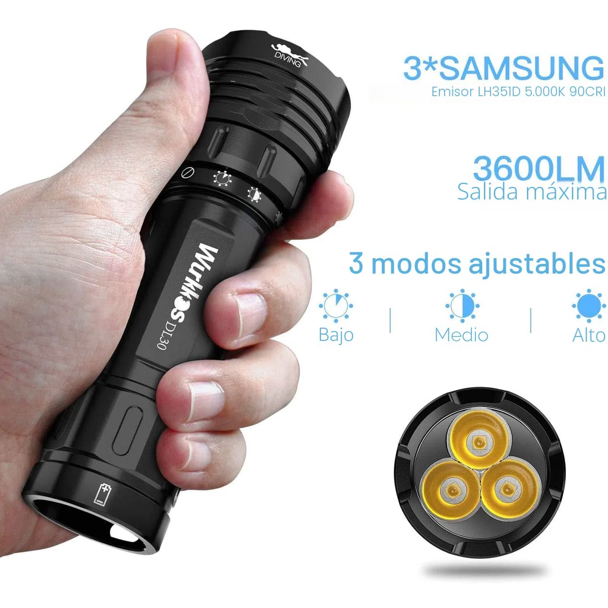 Wurkkos DL30 Linterna de Buceo. Antorcha de buceo de 3600 Lúmenes. Resistencia al agua IPX8. Lámpara impermeable Incluye LED Blanco Neutro (90 CRI) Linterna de buceo con 1 * 5000mAh potencia