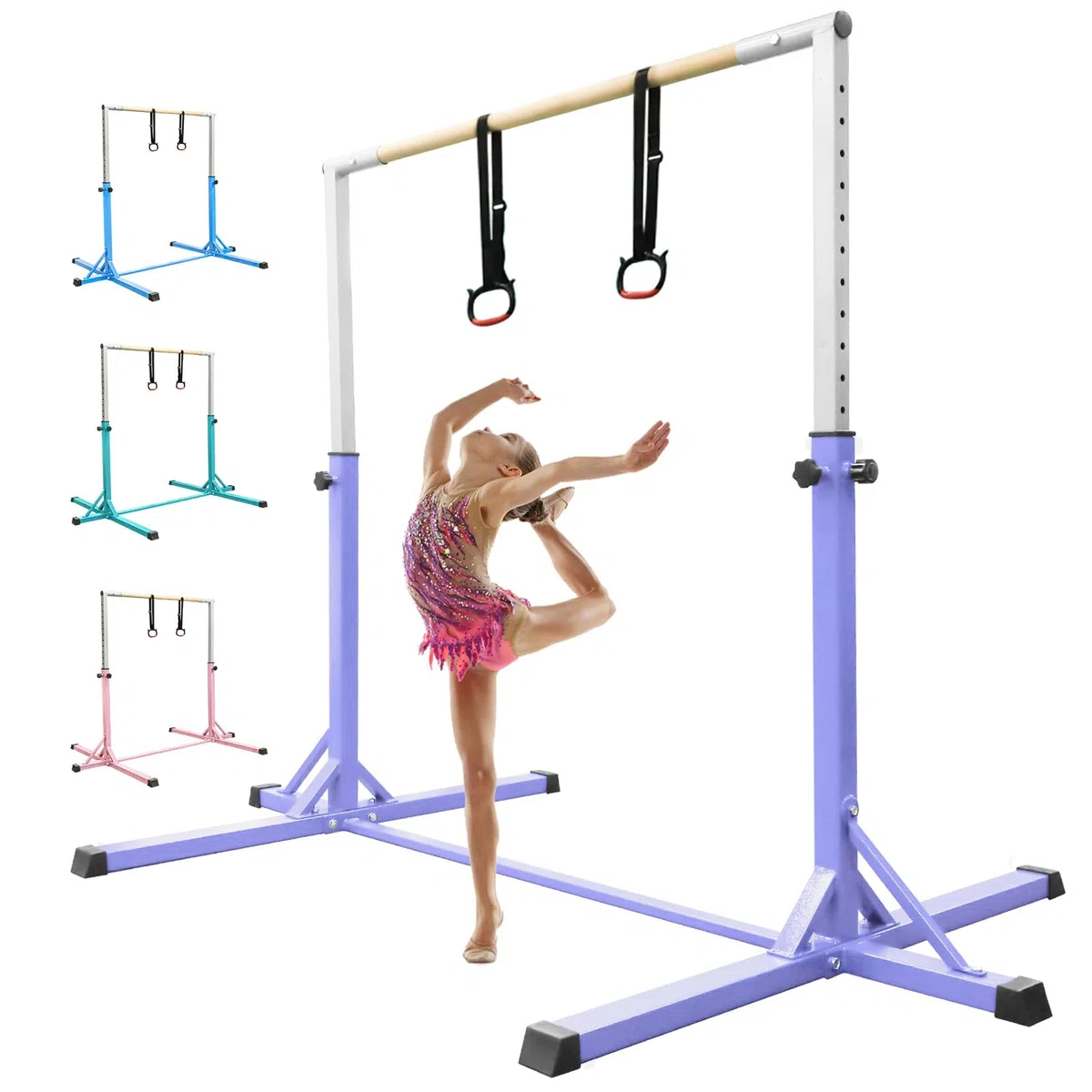FBSPORT Barra de Gimnasia para Niños Barra Horizontal de Gimnasia con 13 Altura Ajustable de Barra de Entrenamiento con Anillos de Gimnasia Barra de Entrenamiento de Gimnasia expandible Junior Morado